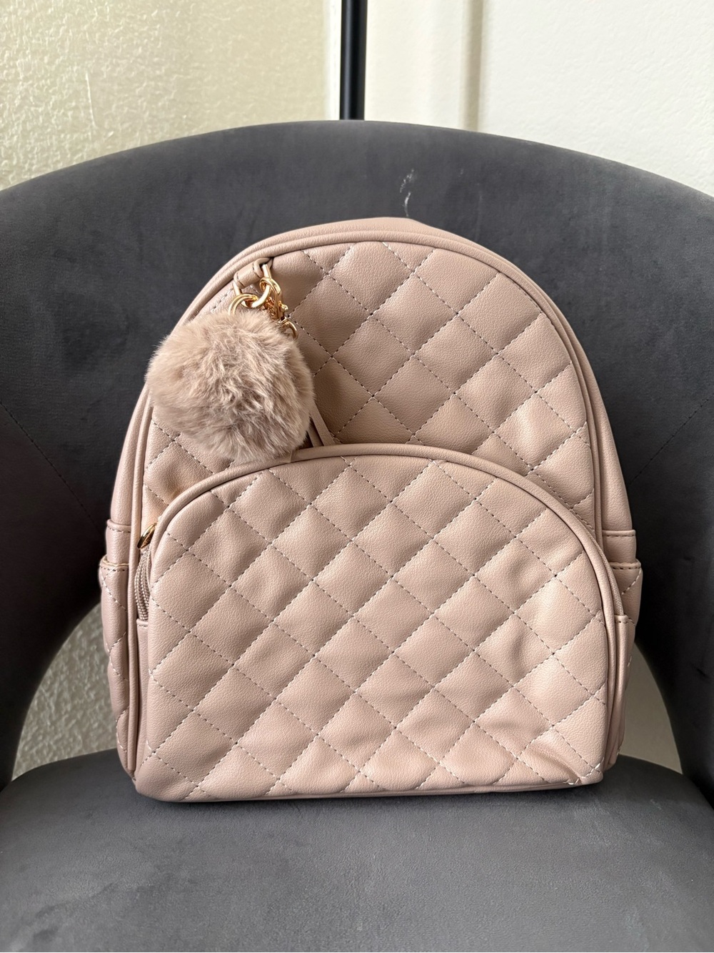 Quilted Mini Backpack with Pom-Pom Charm - Blush